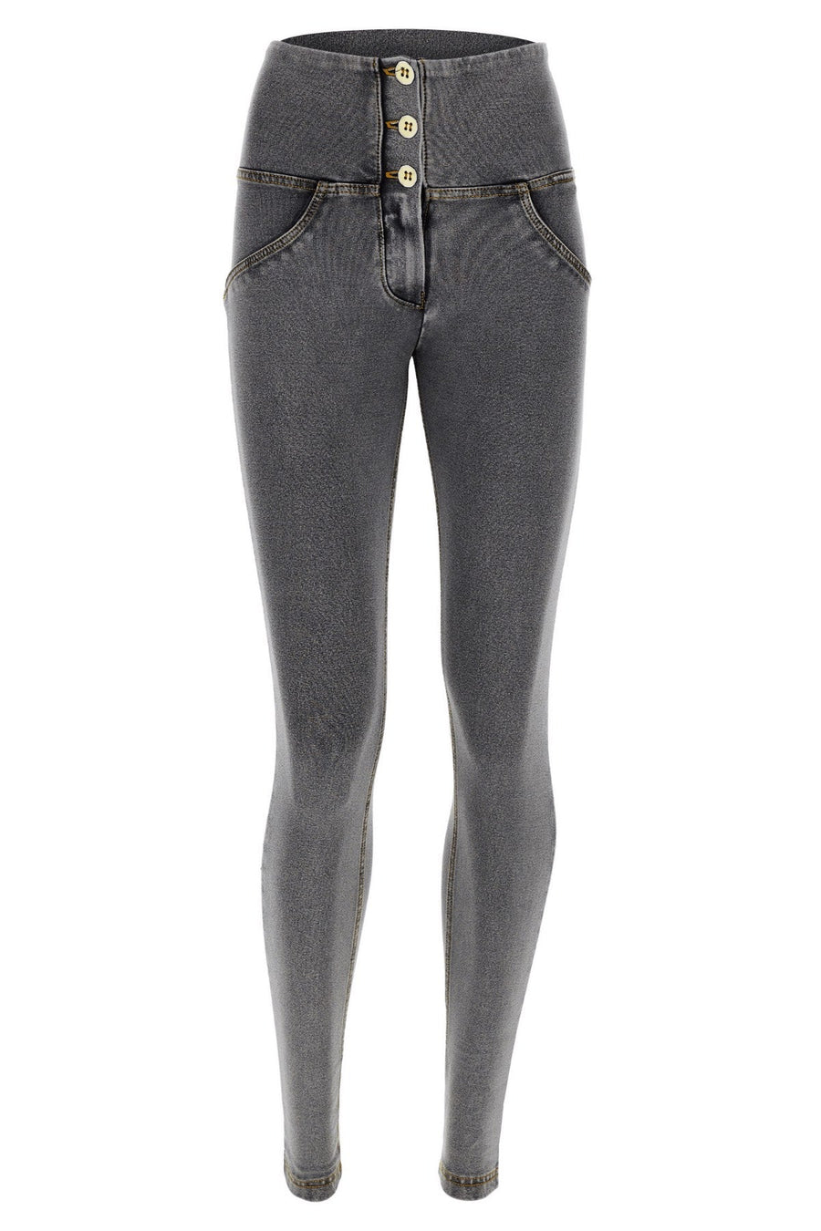 Grey Denim 3 Button High Waist Ankle Length