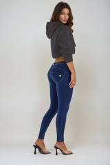 Dark denim, yellow stitch