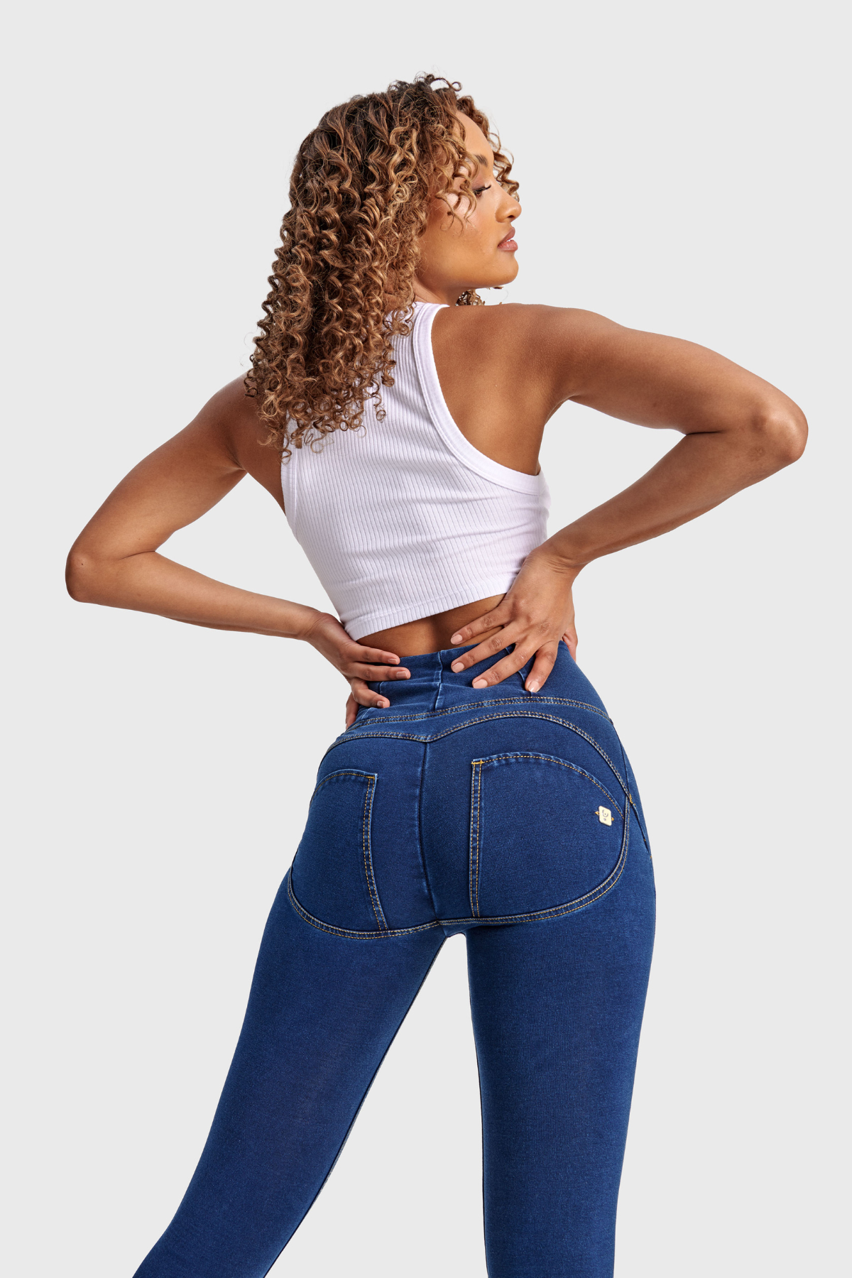 Dark Denim Yellow Stitch High Waist Full Length