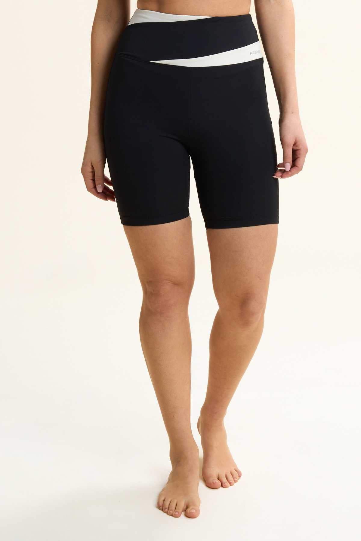 High Rise DIWO Sports Shorts Black & White Crossband Detail