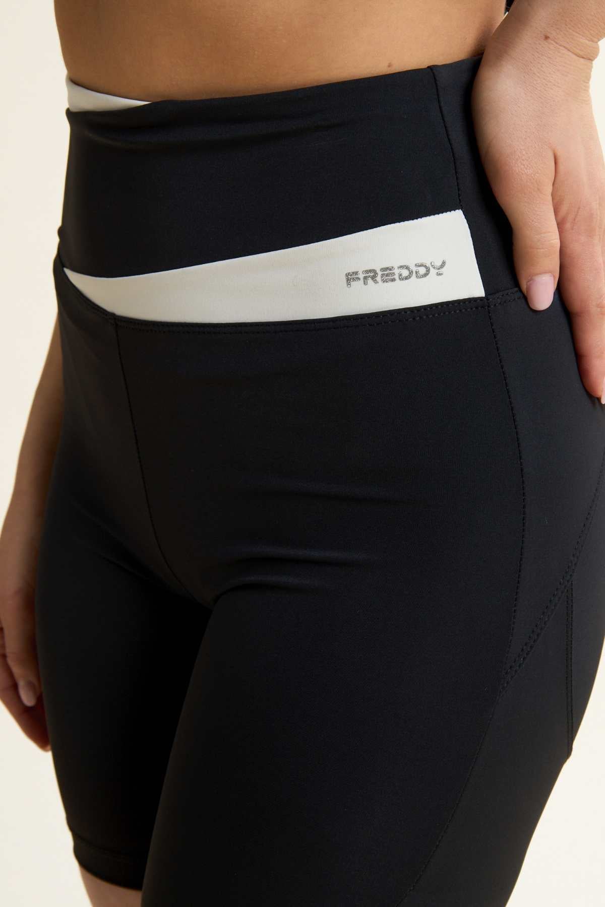 High Rise DIWO Sports Shorts Black & White Crossband Detail