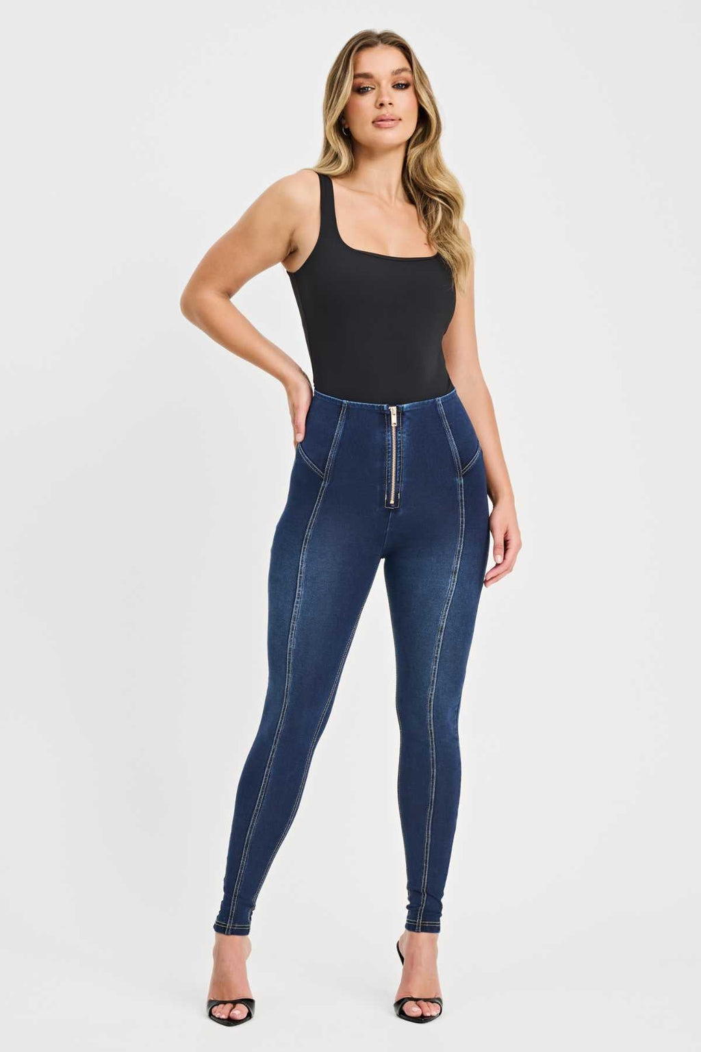 Freddy limited edition denim high waist trousers with central seam and gold zip – view 2