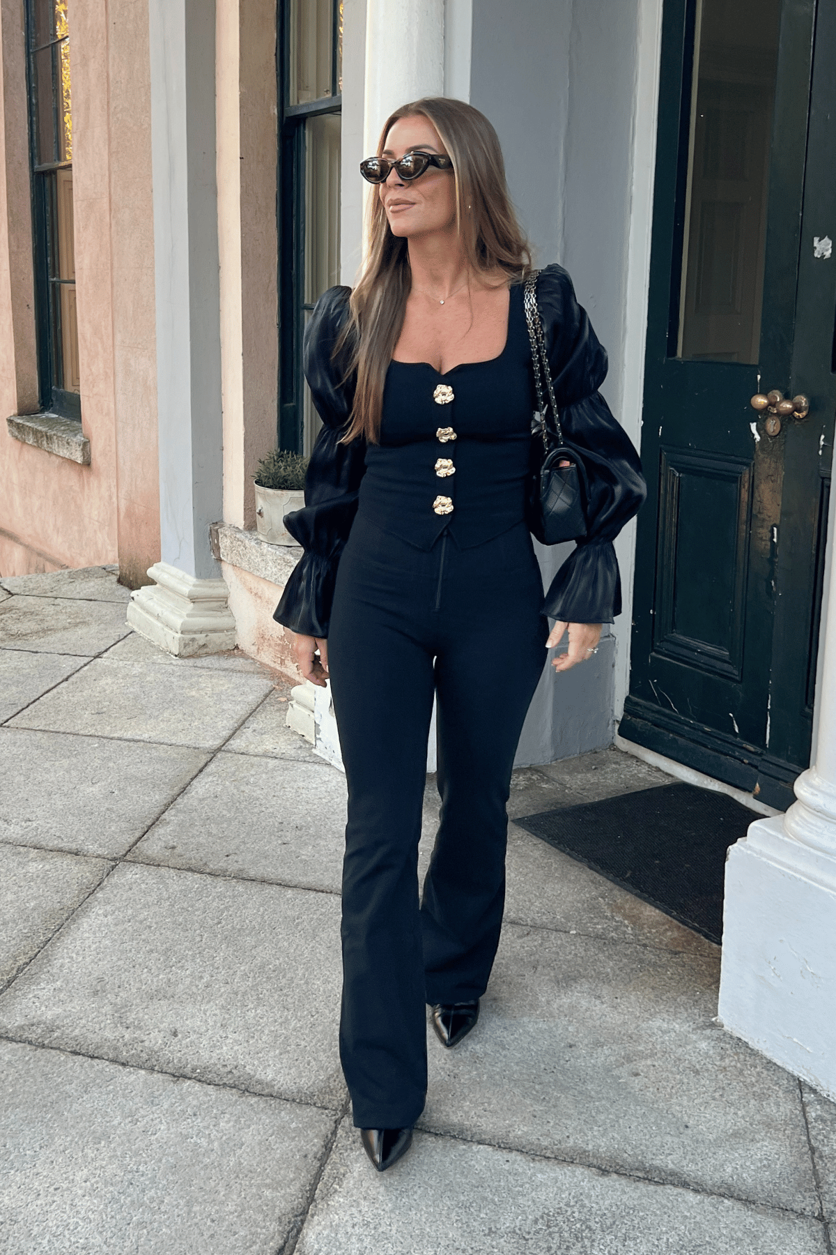Black Cotton High Waist Flares