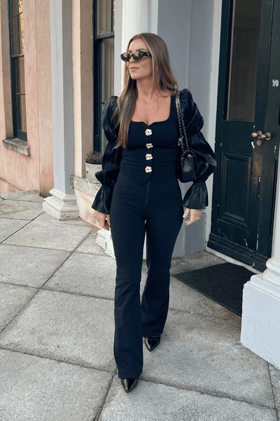 Black Cotton High Waist Flares