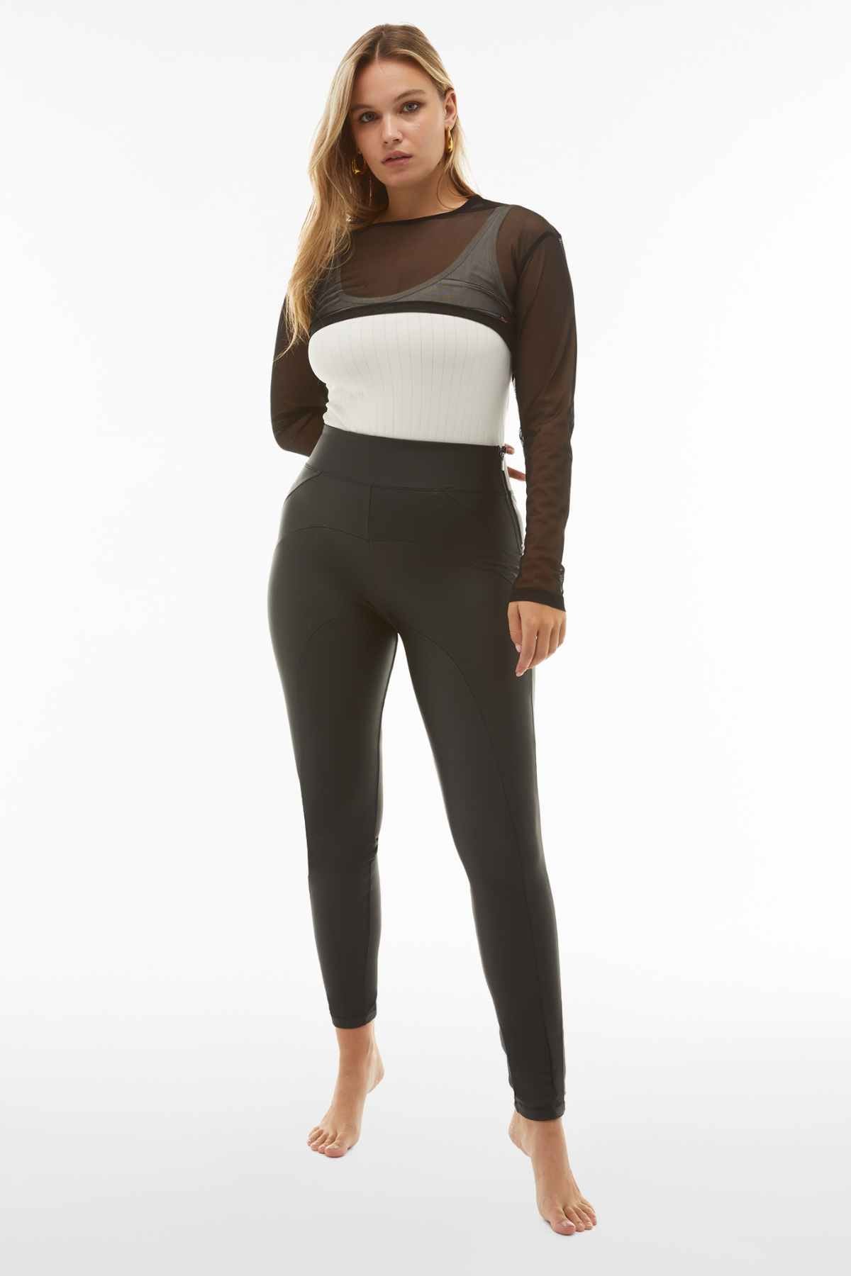 Freddy WR.UP® black faux leather stitching detail high waist trousers – view 3
