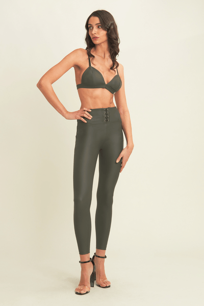 Lace Up Front Detail Leather High Waist Deep Olive Green Ankle Length