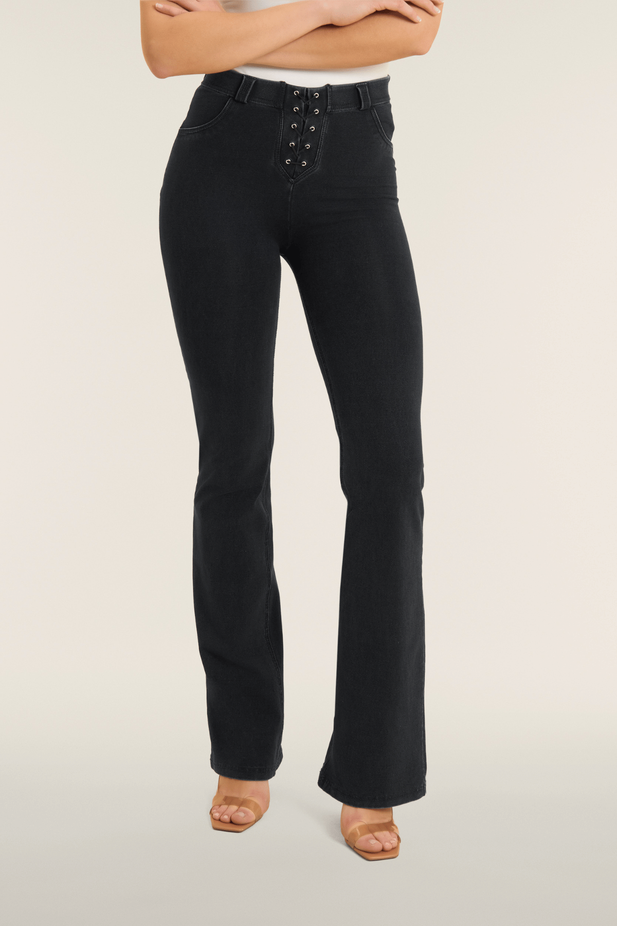 Freddy WR.UP® black denim high waist flare jeans with lace up front – view 2