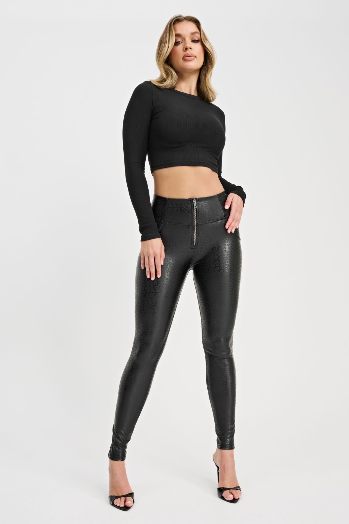 Freddy WR.UP® leopard print black faux leather high waist trousers – view 8