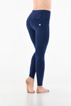 dark denim blue stitch 3 button high rise organic