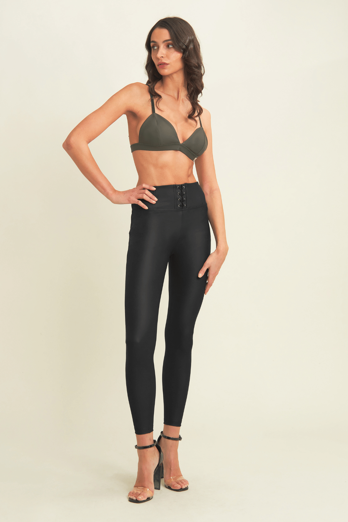 Lace Up Front Detail Leather Black High Waist Black Ankle Length