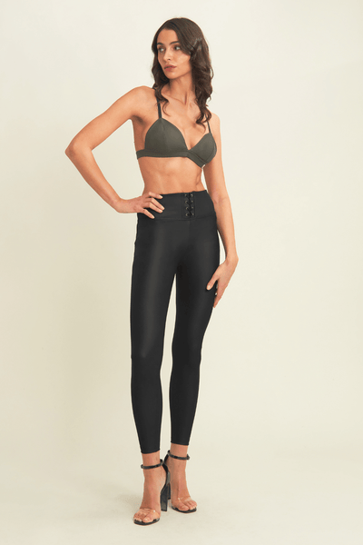 Lace Up Front Detail Leather Black High Waist Black Ankle Length