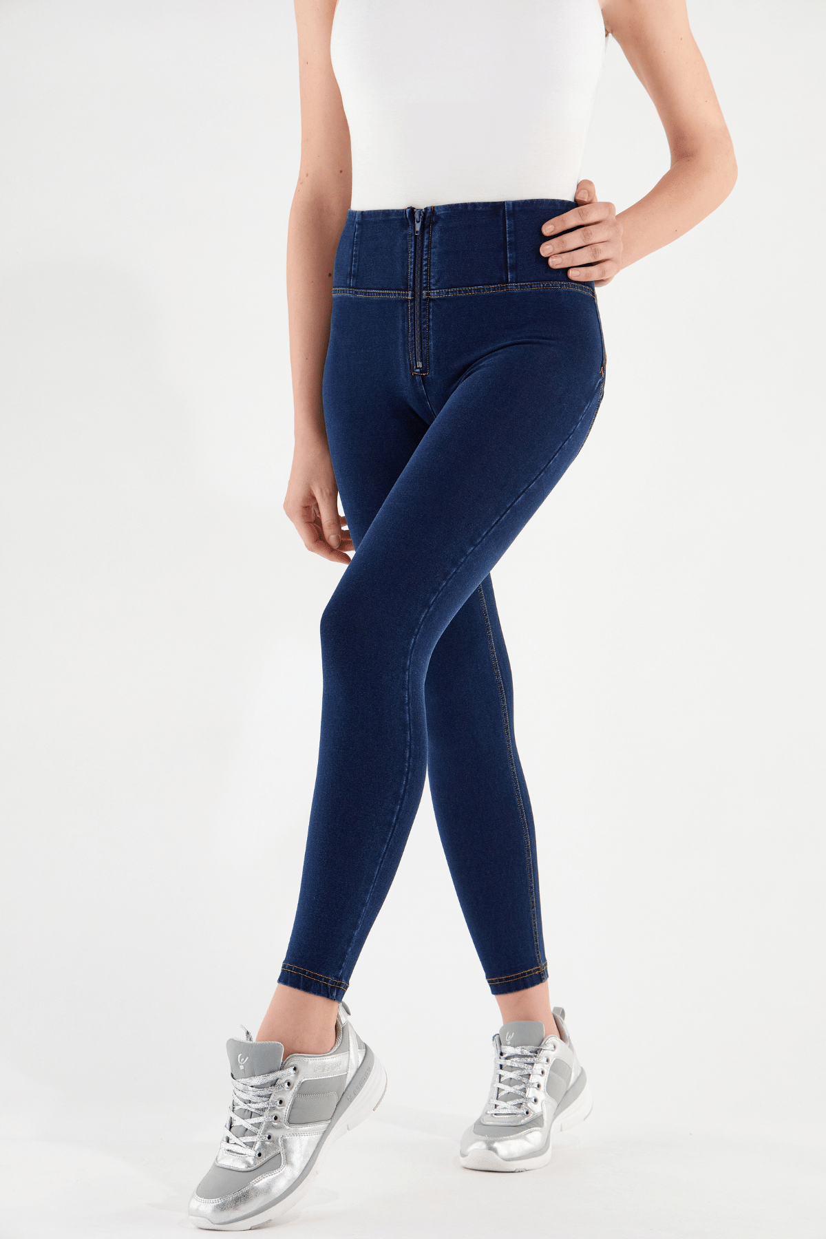 Freddy WR.UP® dark denim yellow stitch high waist ankle jeans – view 3