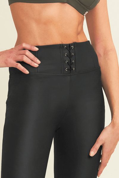 Lace Up Front Detail Leather Black High Waist Black Ankle Length