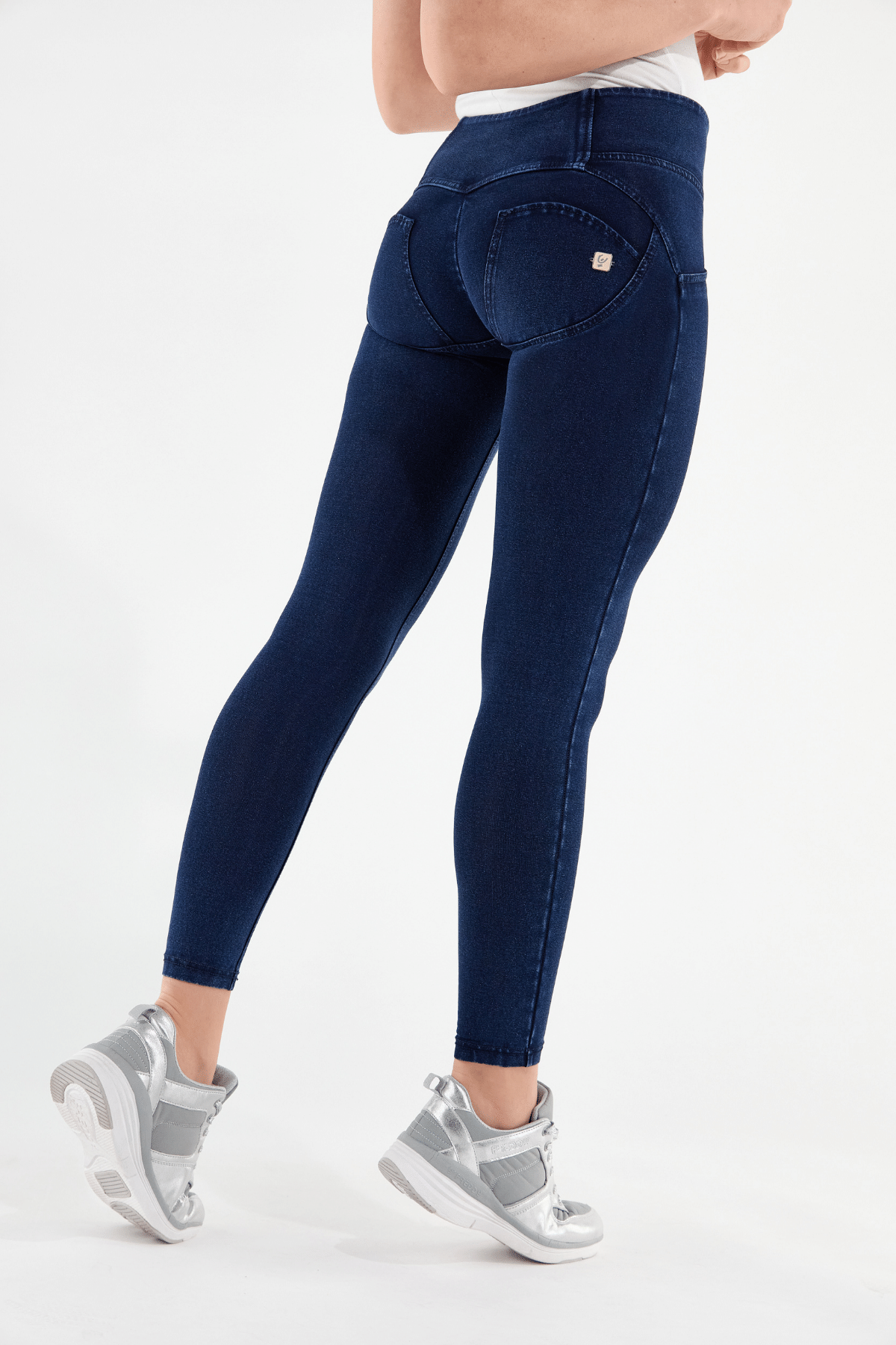 Dark Denim Blue Stitch 3 Button High Waist Ankle Length