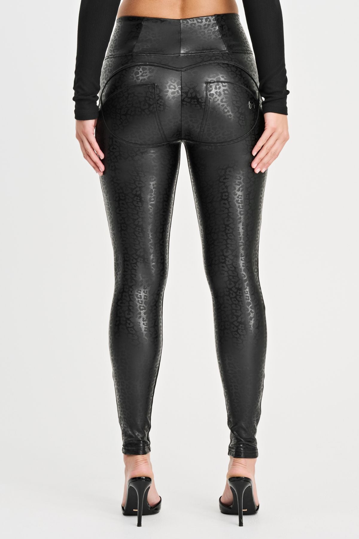 Freddy WR.UP® leopard print black faux leather high waist trousers – view 6