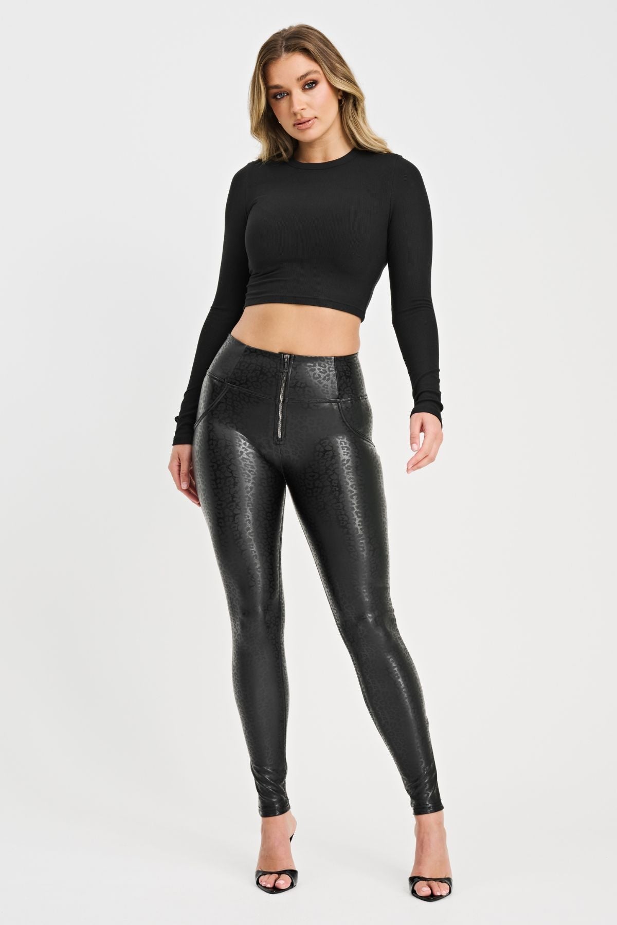Freddy WR.UP® leopard print black faux leather high waist trousers – view 5