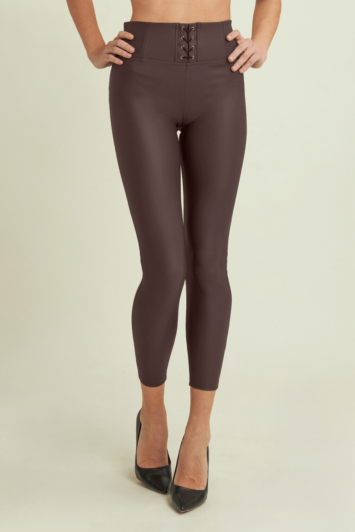 Lace Up Front Detail Leather High Waist Chocolate Brown Ankle Length