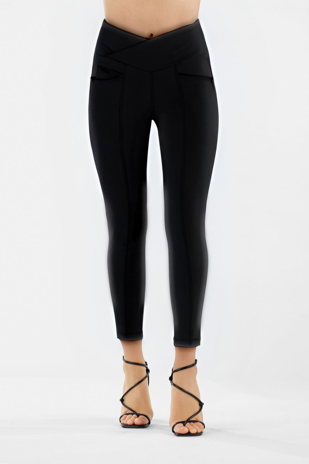 Freddy N.O.W black faux leather super high rise trousers with crossover waistband – view 4