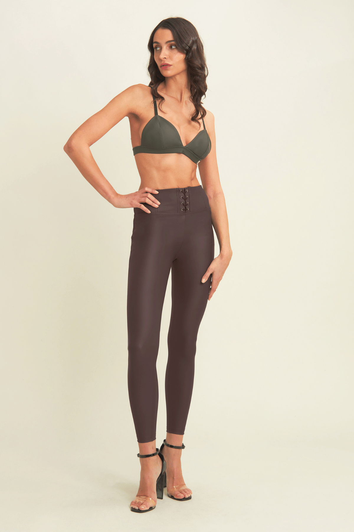 Lace Up Front Detail Leather High Waist Chocolate Brown Ankle Length