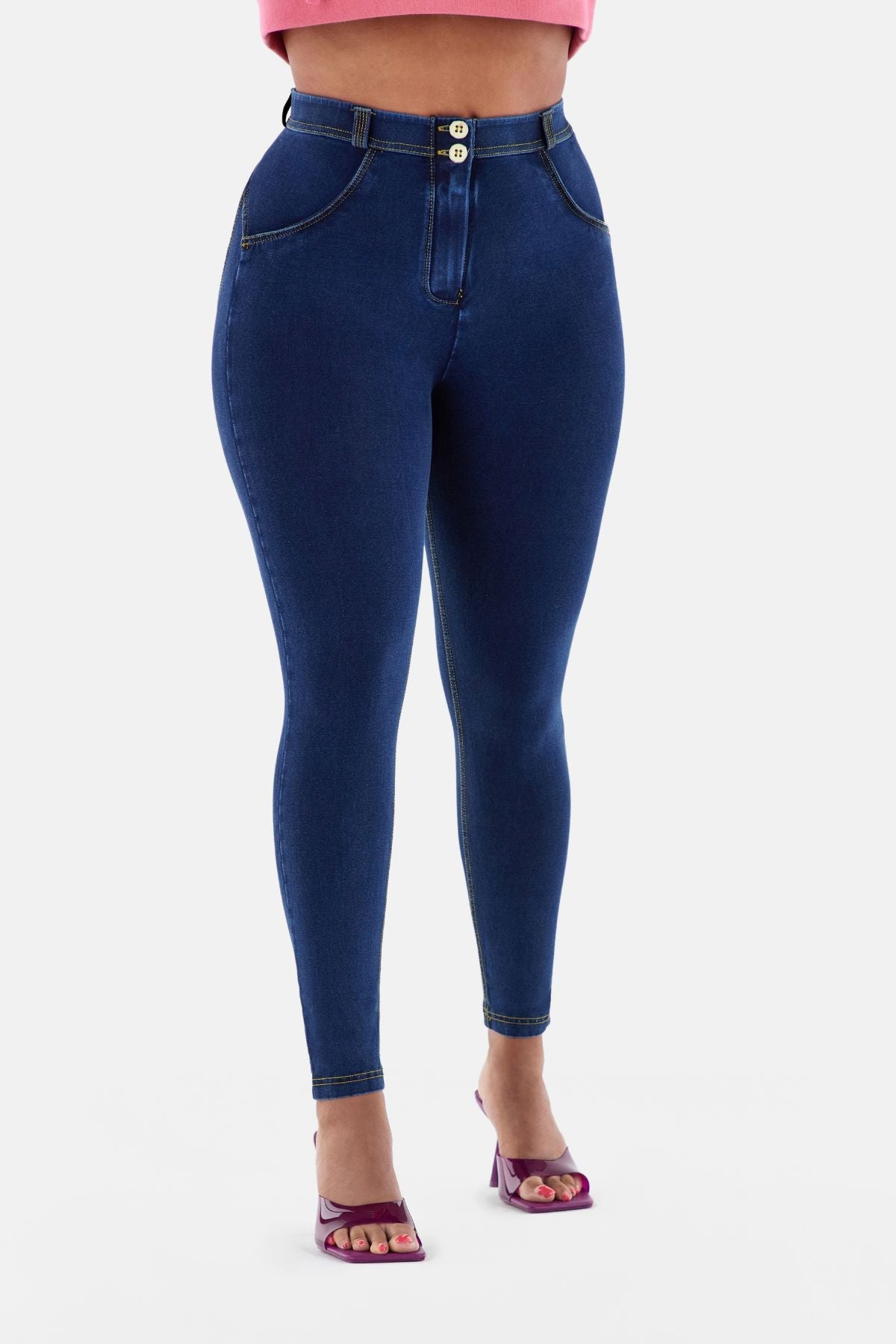 Freddy WR.UP® curvy fit dark denim yellow stitch ankle jeans – view 3