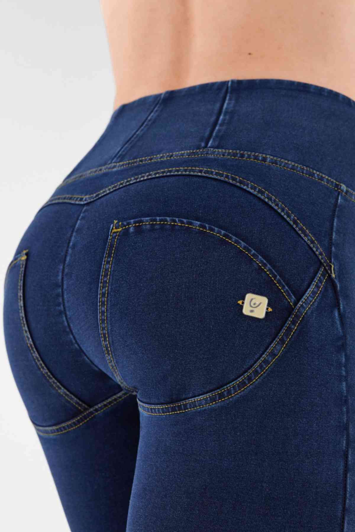 dark denim yellow stitch high rise