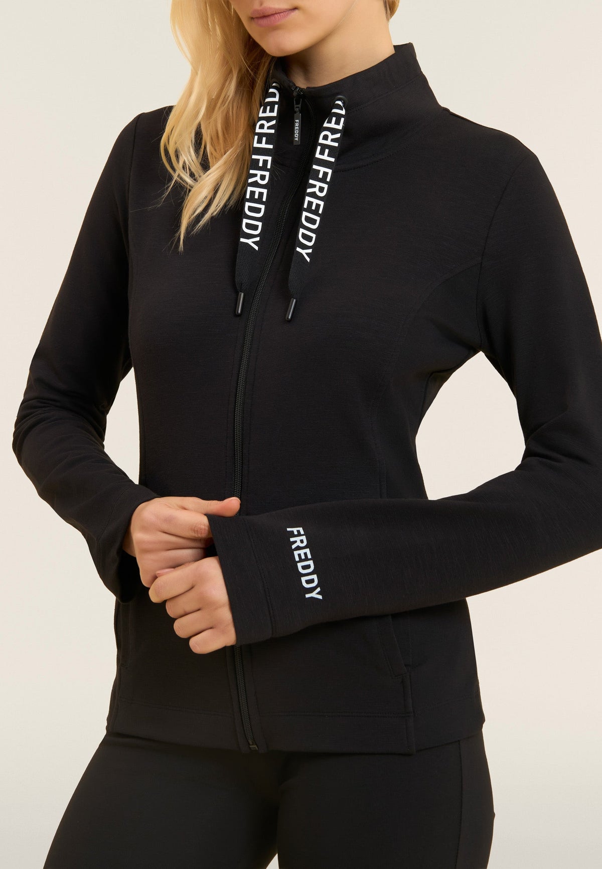 Freddy black slim zip hoodie with logo drawstrings – view 3