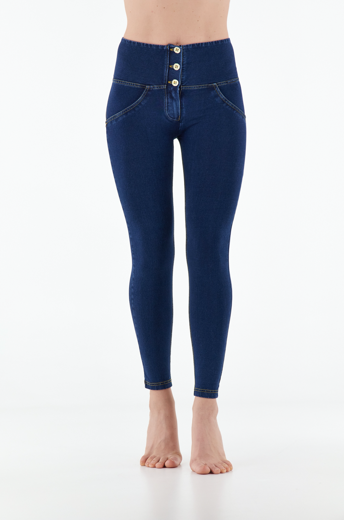 Freddy WR.UP® dark denim yellow stitch 3 button high waist ankle jeans – view 4