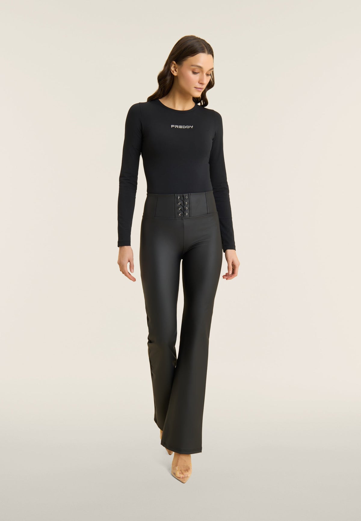 Freddy WR.UP® black faux leather lace up front high waist flares – view 3