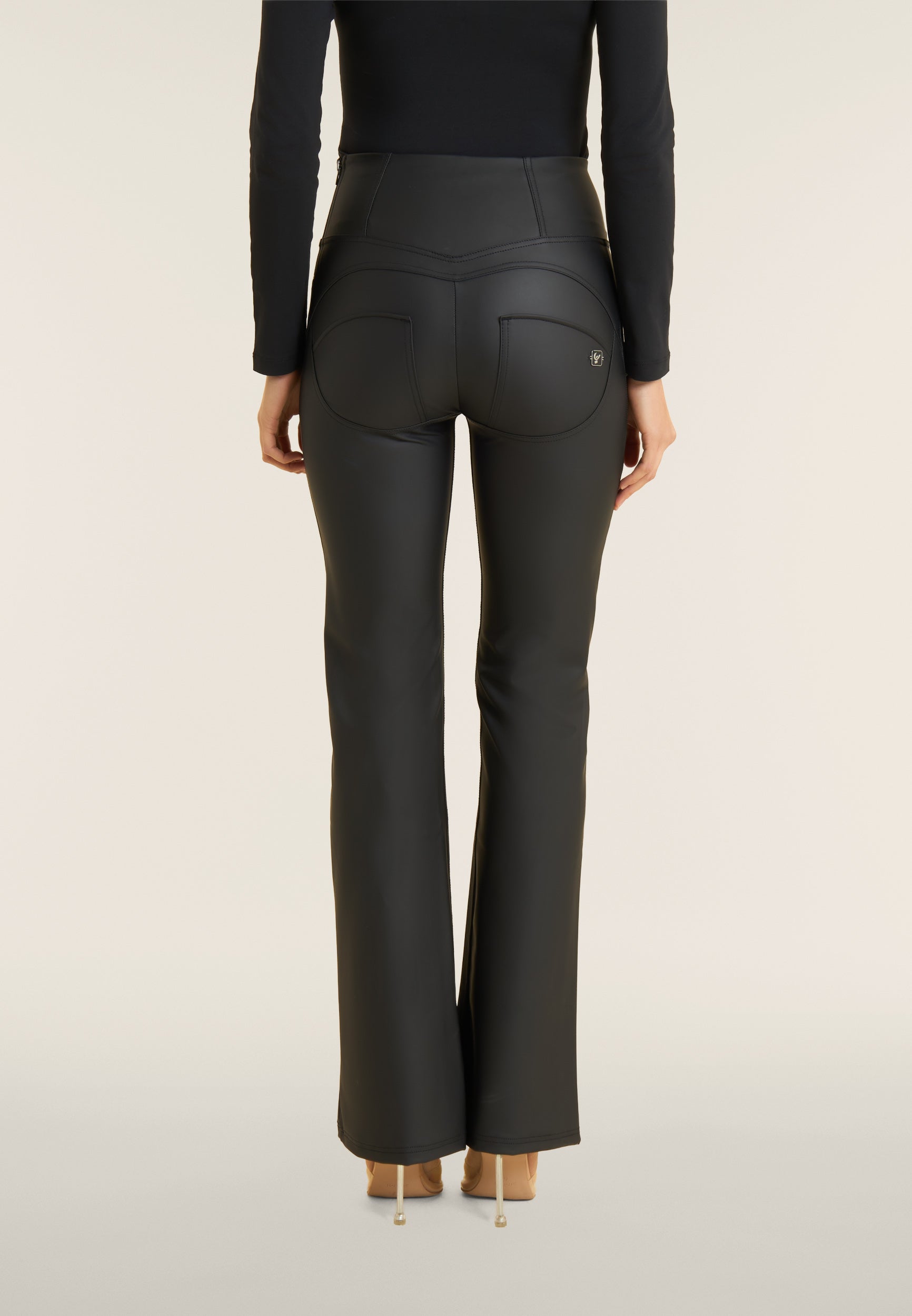 Flared Lace Up Front Detail Leather Black High Waist