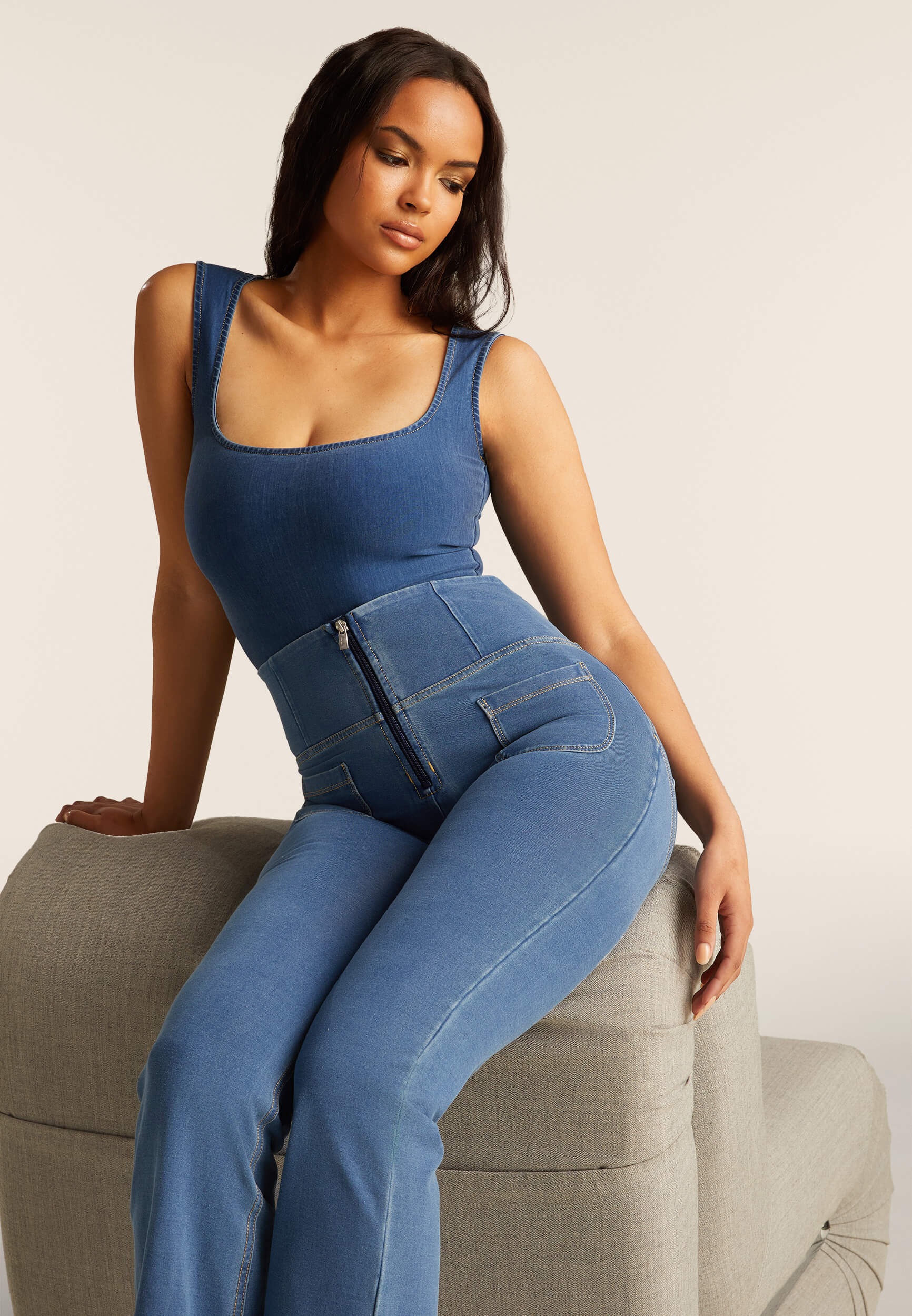 Light Denim Flares with Pockets High Waist