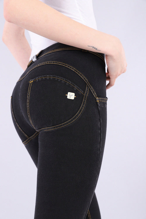 Black Denim Yellow Stitch Mid Rise Full Length