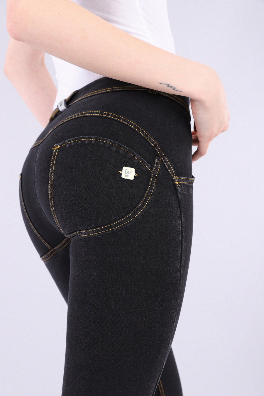 Black Denim Yellow Stitch Mid Rise Full Length