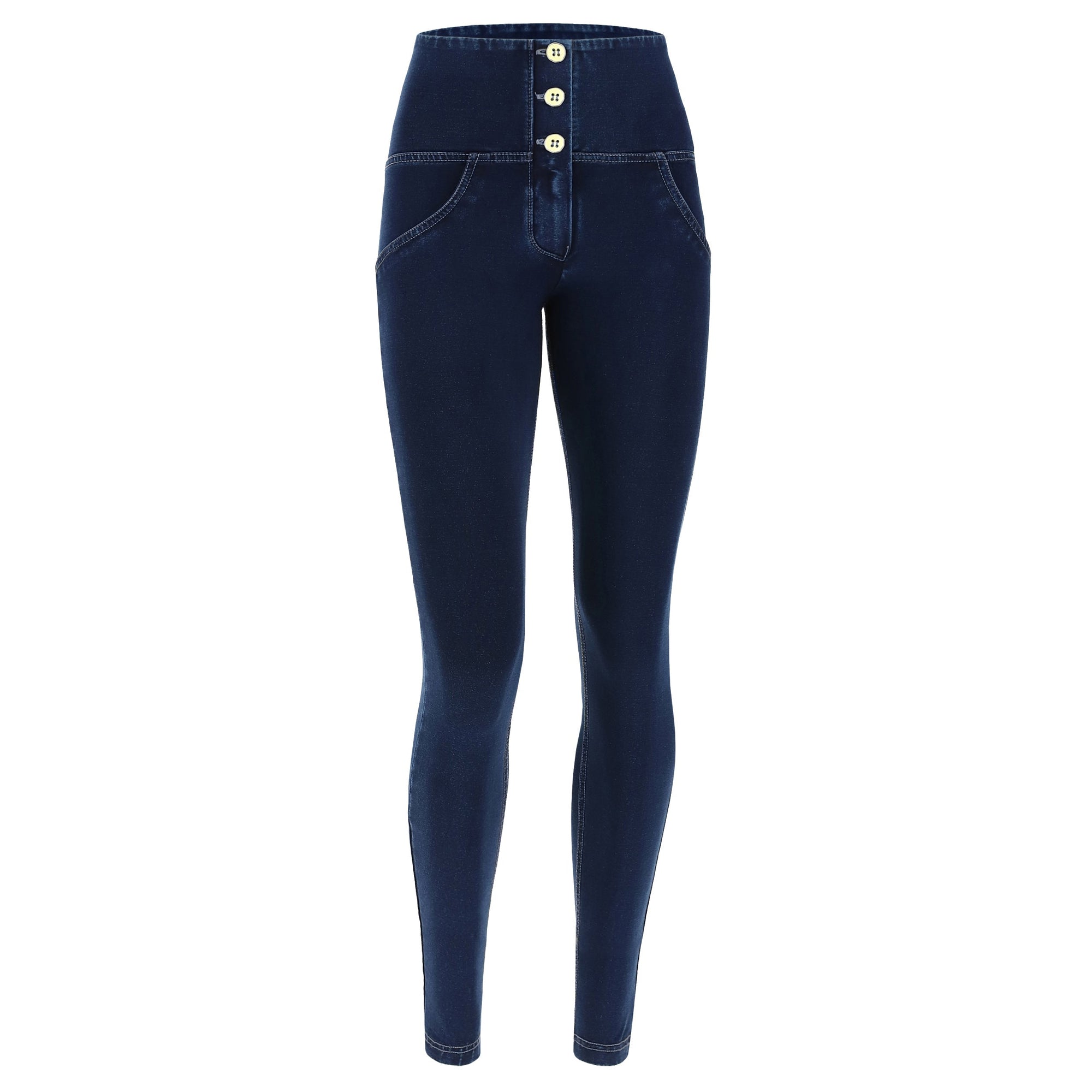 Dark Denim Blue Stitch 3 Button High Waist Ankle Length