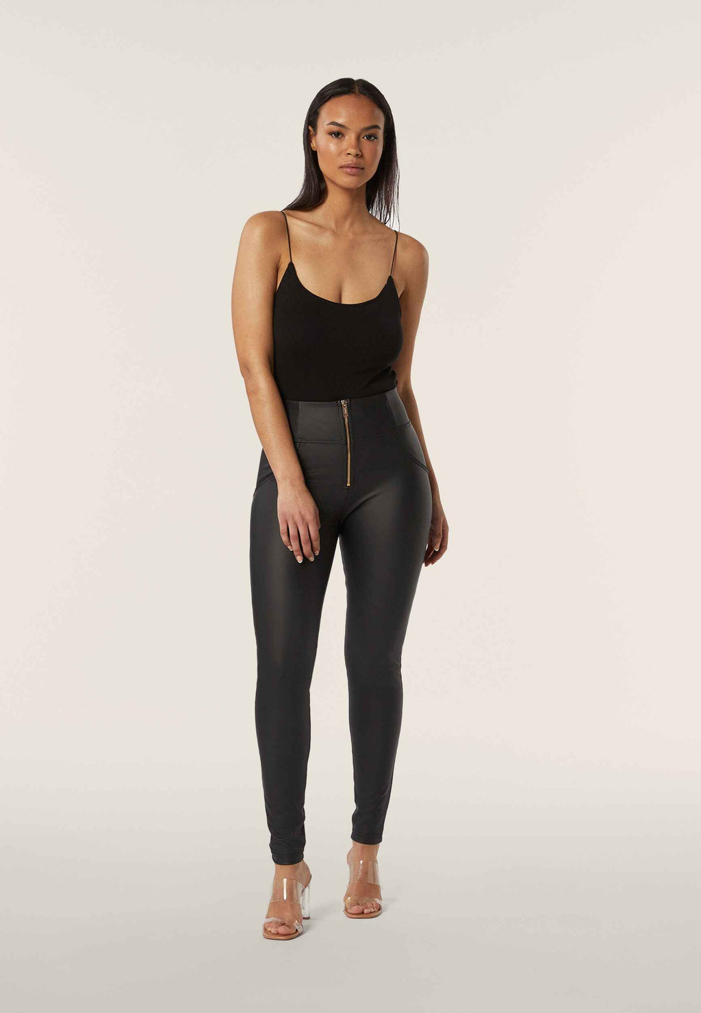Freddy WR.UP® black faux leather lace up detail high waist trousers – view 3