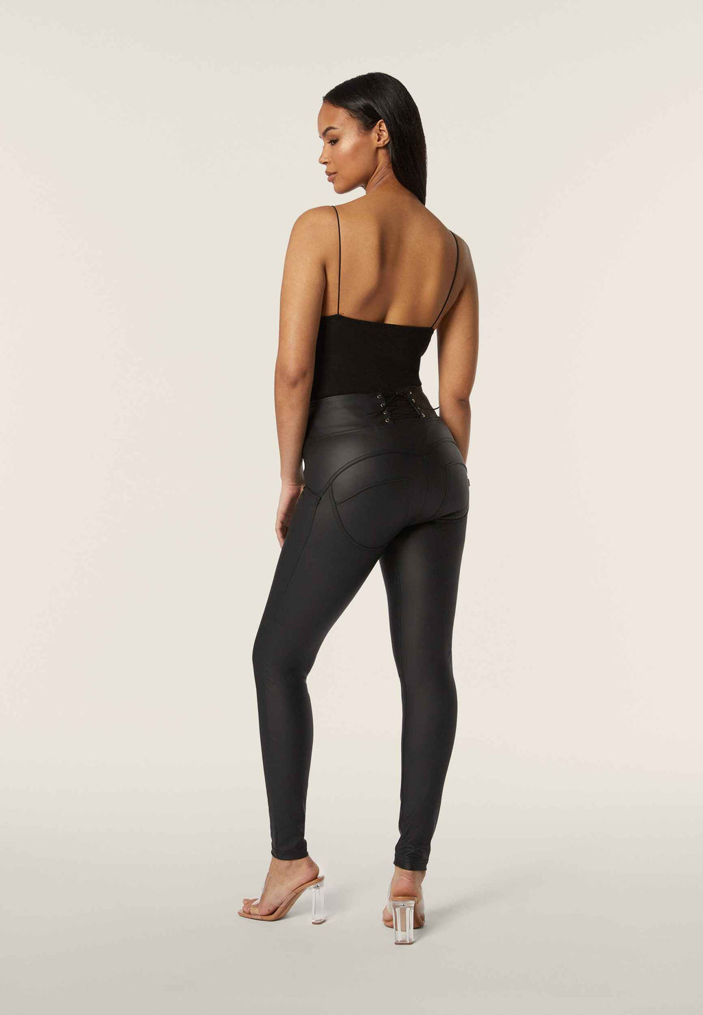 Freddy WR.UP® black faux leather lace up detail high waist trousers – view 5