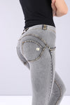 Grey Denim Yellow Stitch Mid Rise Full Length