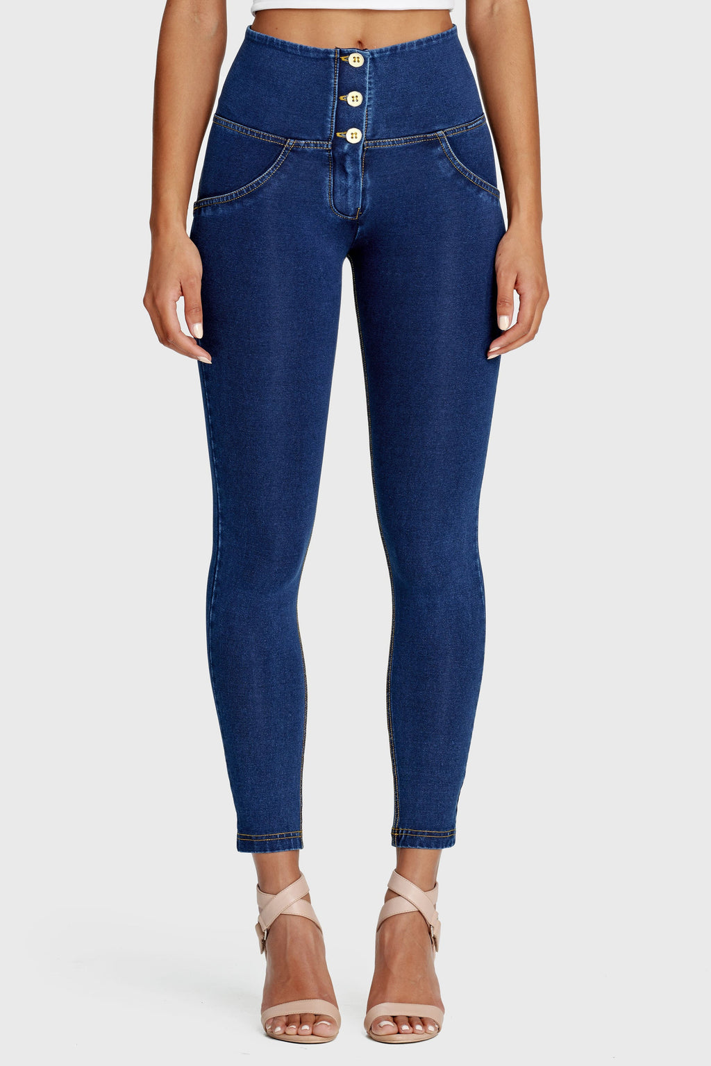 Freddy WR.UP® dark denim yellow stitch 3 button high waist ankle jeans – view 6