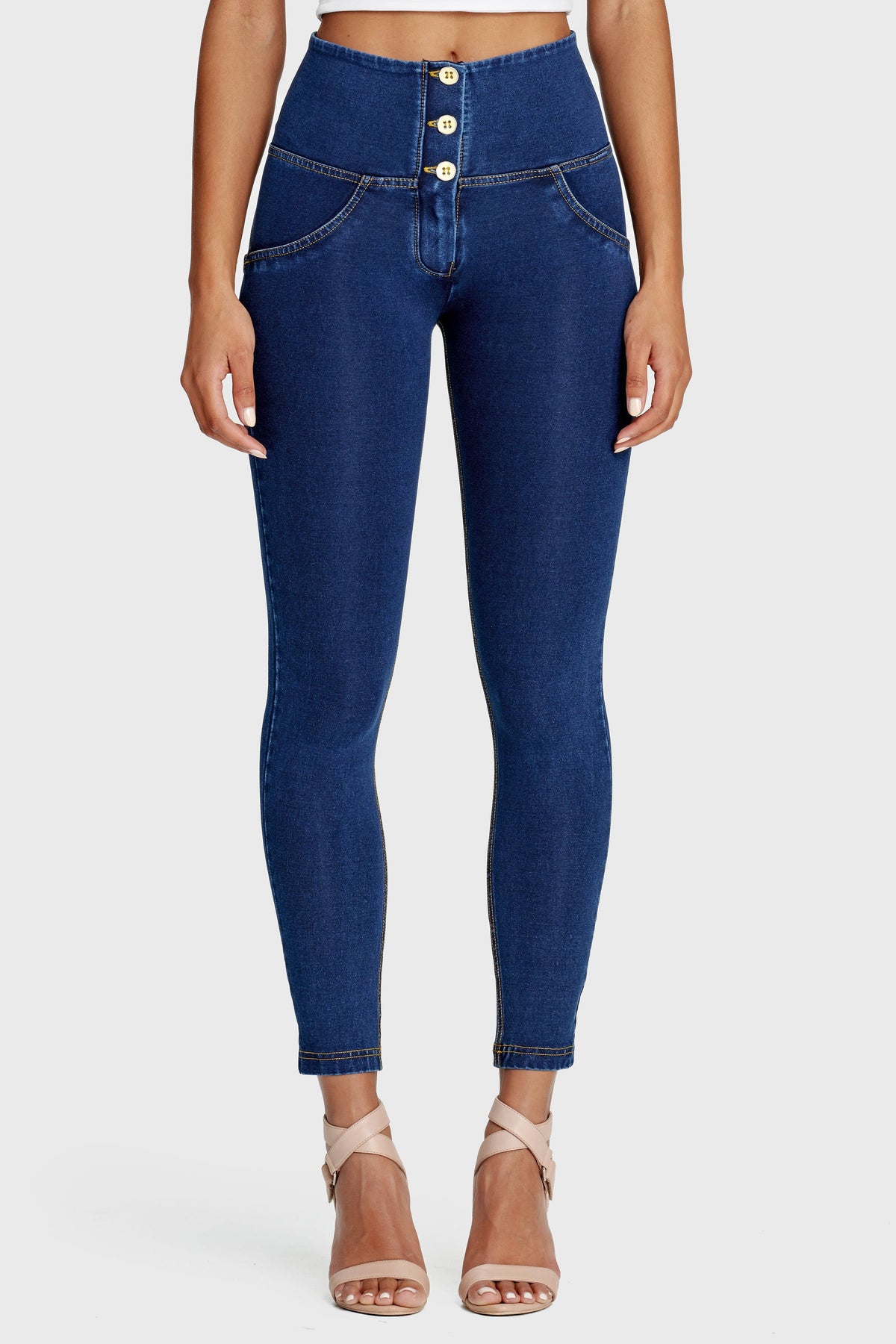 Freddy WR.UP® dark denim yellow stitch 3 button high waist ankle jeans – view 6