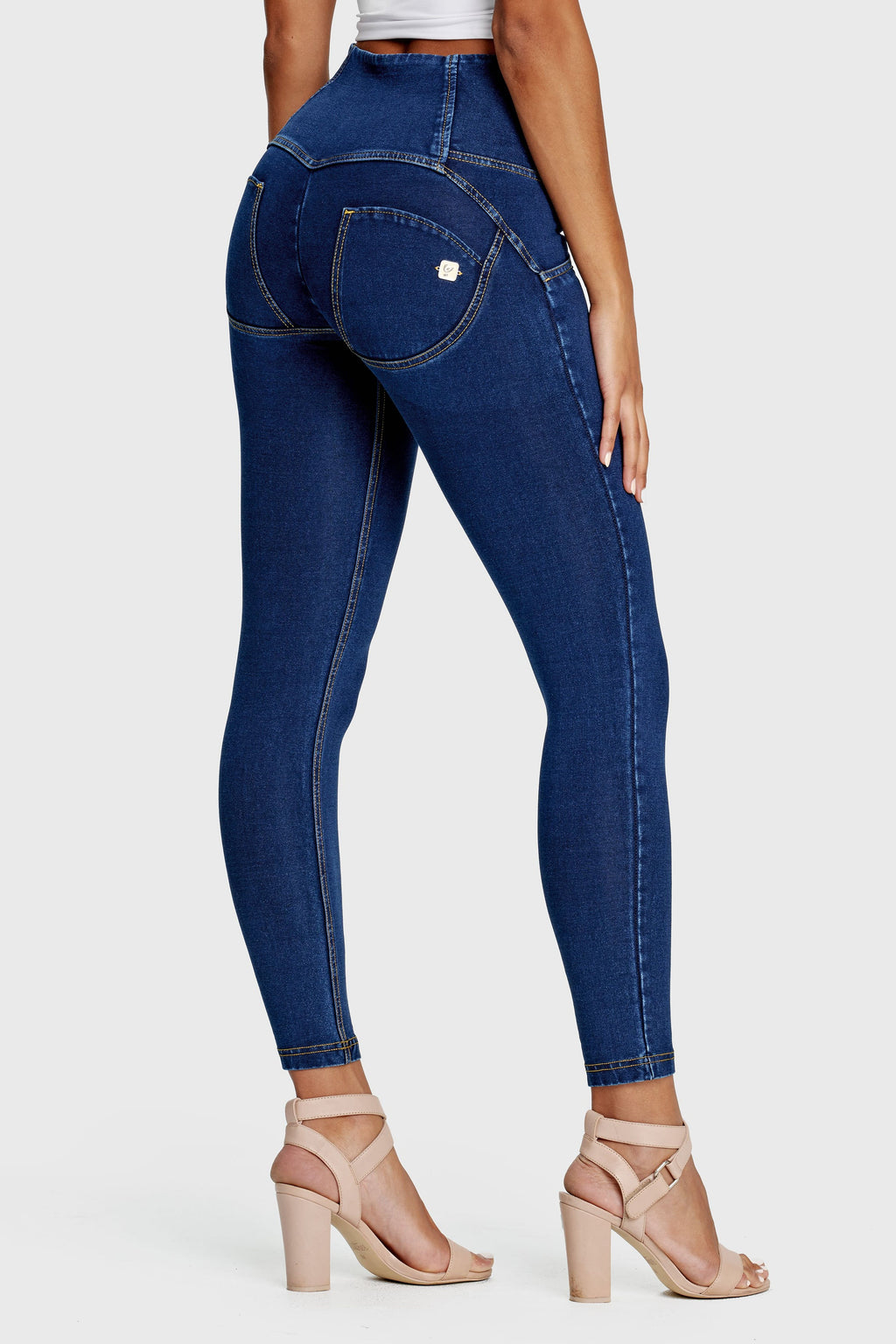 Freddy WR.UP® dark denim yellow stitch 3 button high waist ankle jeans – view 8
