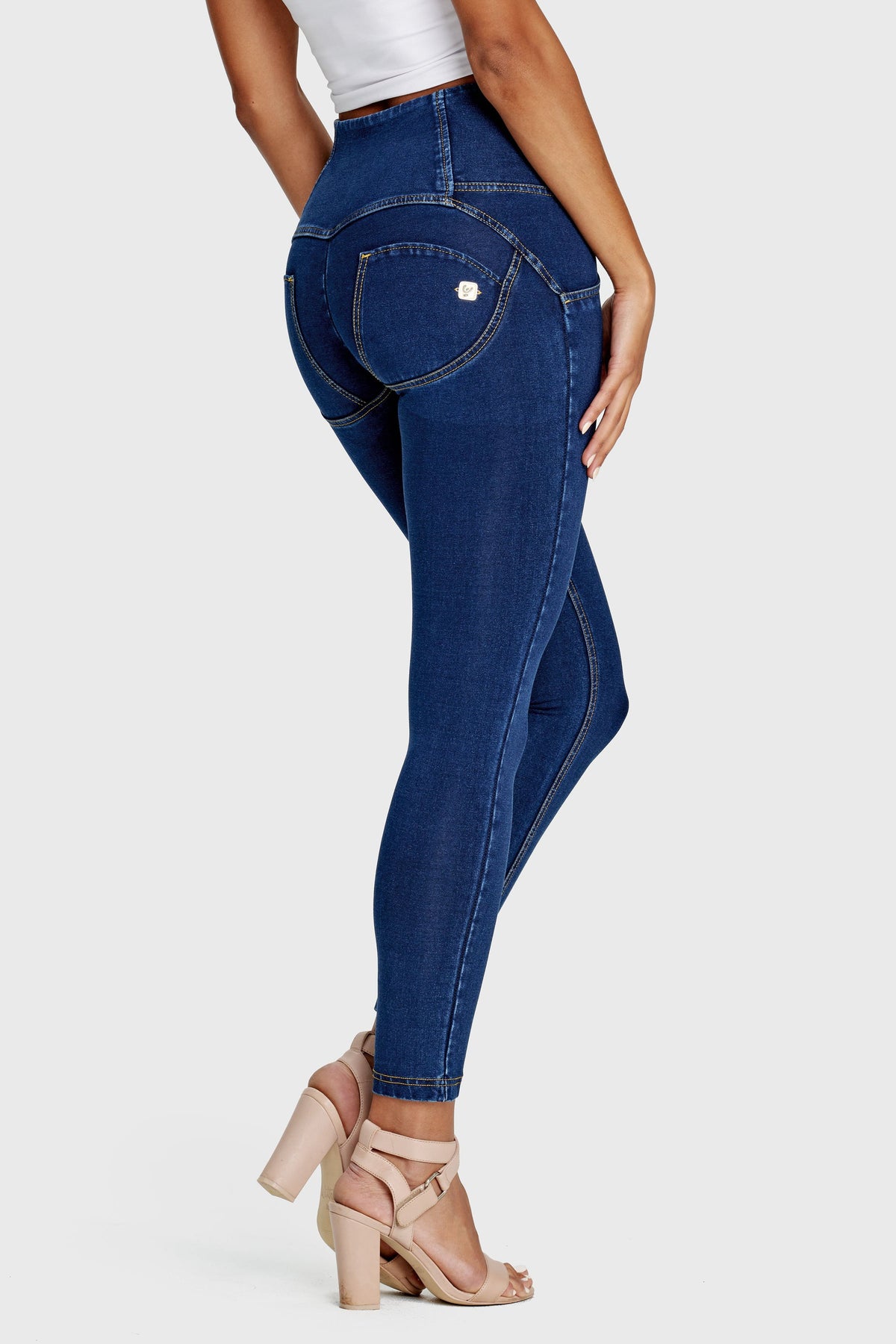 Freddy WR.UP® dark denim yellow stitch 3 button high waist ankle jeans – view 7