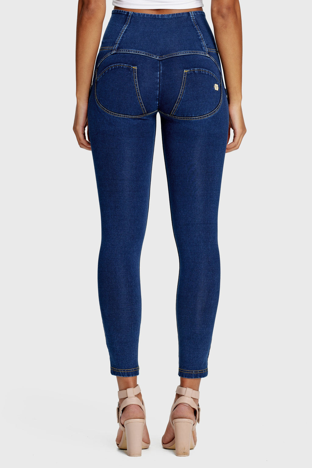 Freddy WR.UP® dark denim yellow stitch 3 button high waist ankle jeans – view 9