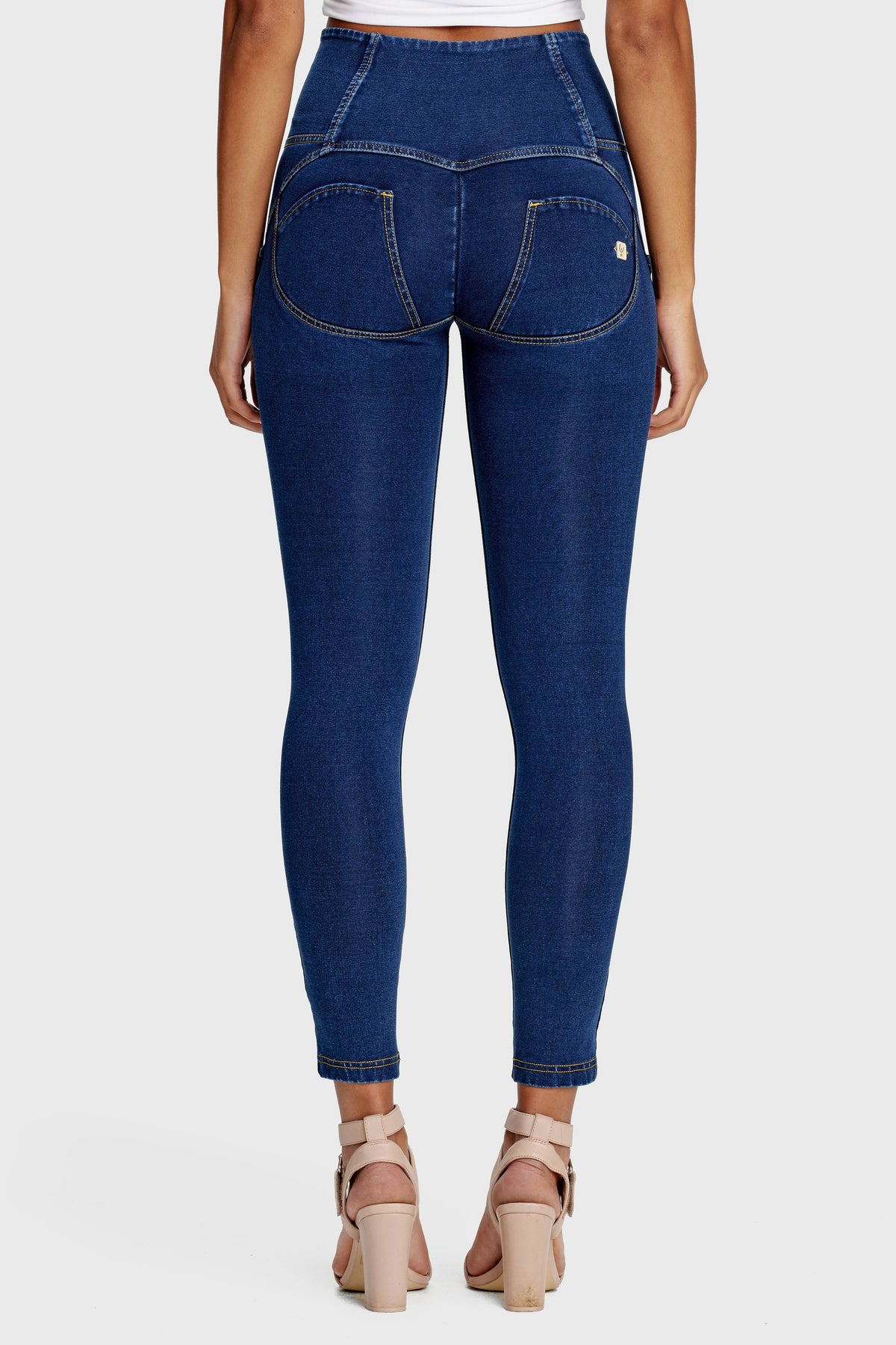Freddy WR.UP® dark denim yellow stitch 3 button high waist ankle jeans – view 9