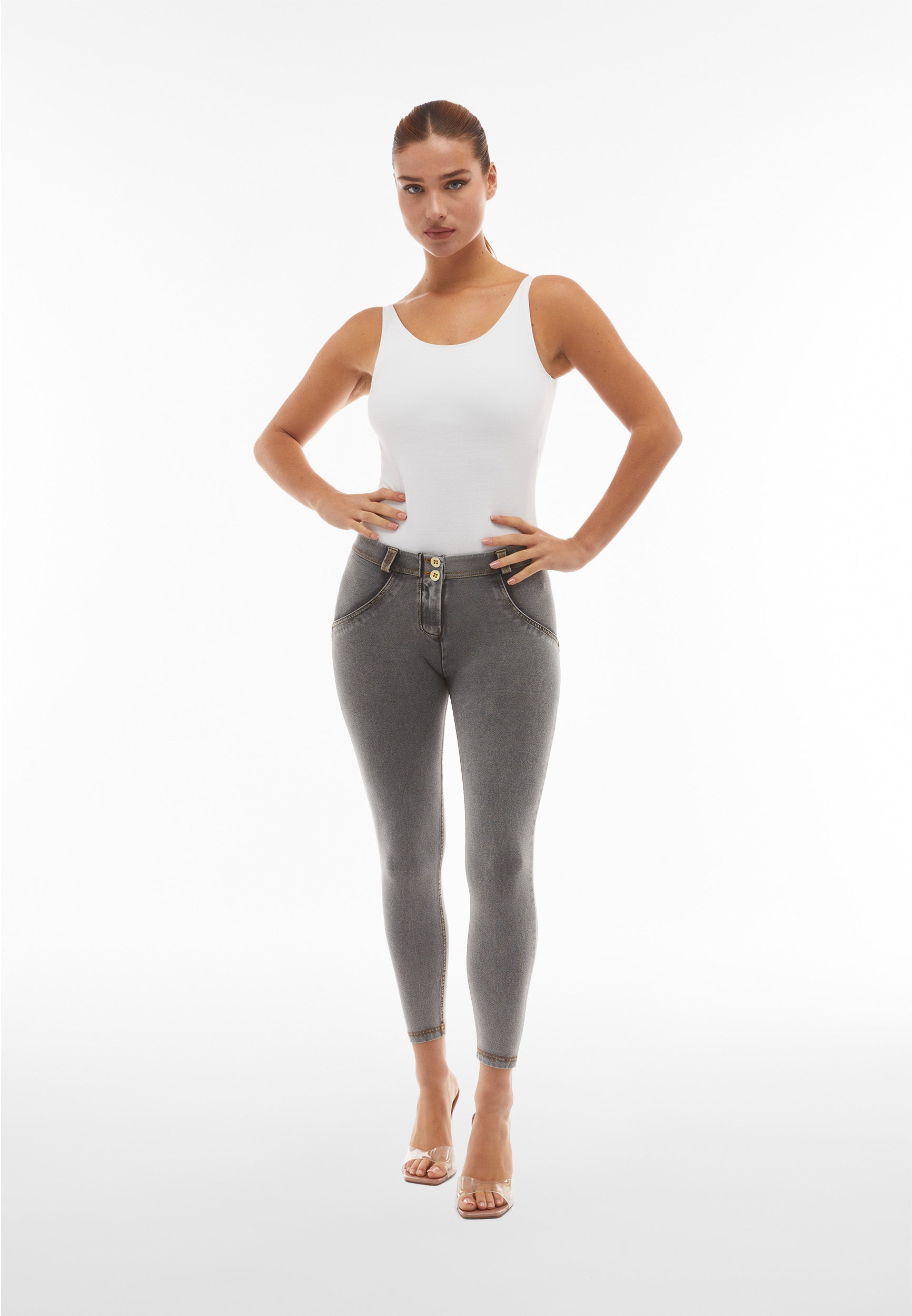 Curvy Grey Denim Yellow Stitch Mid Rise Ankle Length