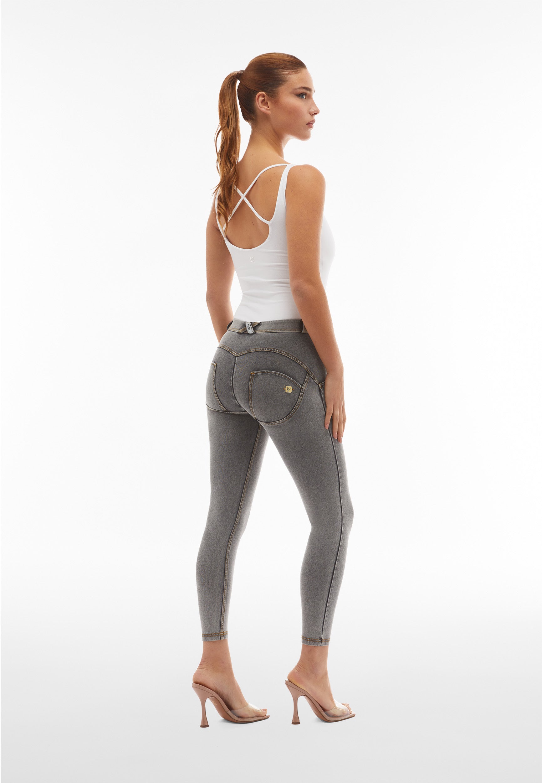 Curvy Grey Denim Yellow Stitch Mid Rise Ankle Length