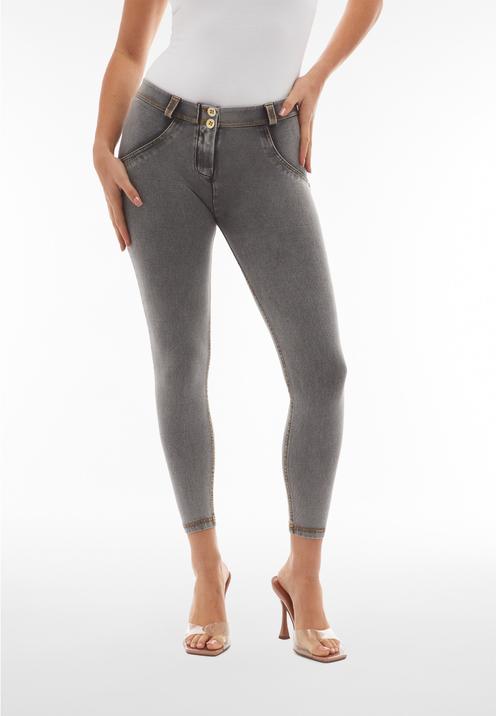 Curvy Grey Denim Yellow Stitch Mid Rise Ankle Length