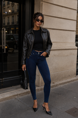 Dark denim, yellow stitch