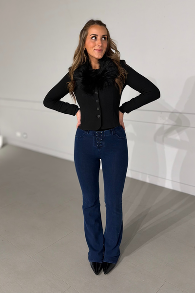 Lace Up Detail Denim High Waist Flares