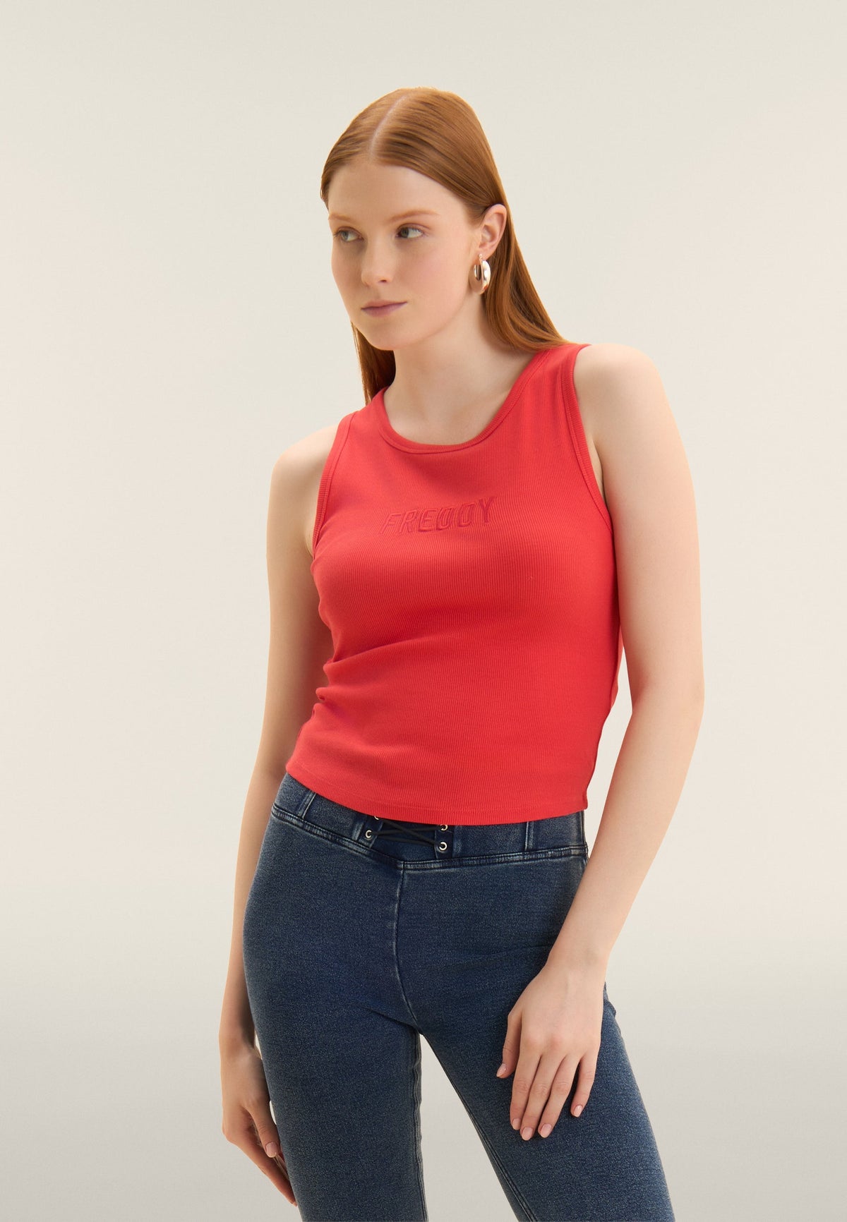 Freddy fuchsia pink cropped ribbed tank top with embroidered logo – view 3