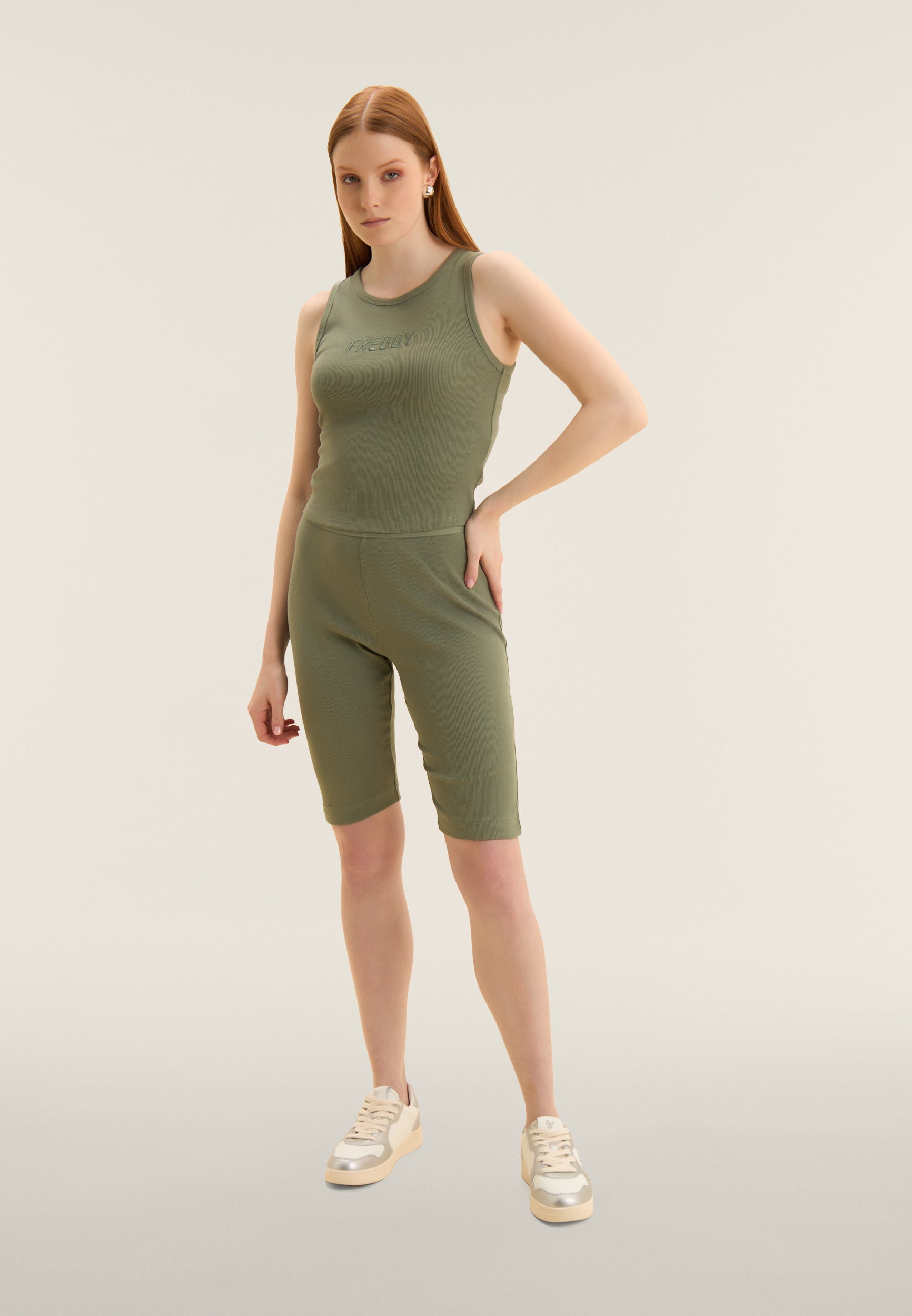 Khaki Cropped Ribbed Tank with Embroidered FREDDY Logo