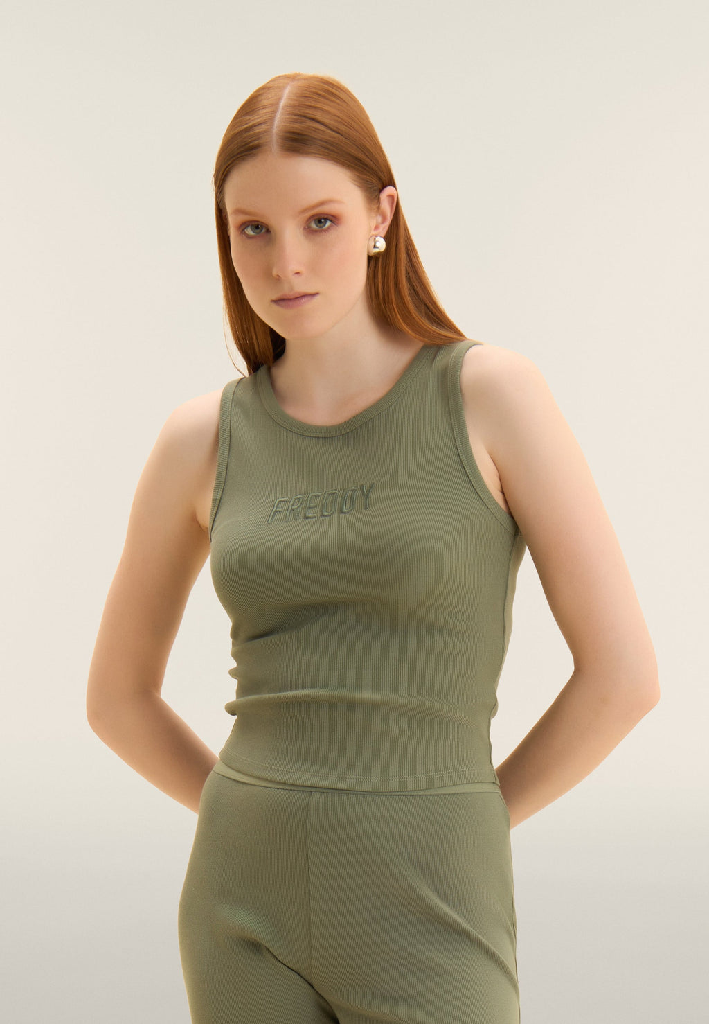 Freddy khaki cropped ribbed tank top with embroidered logo – view 3